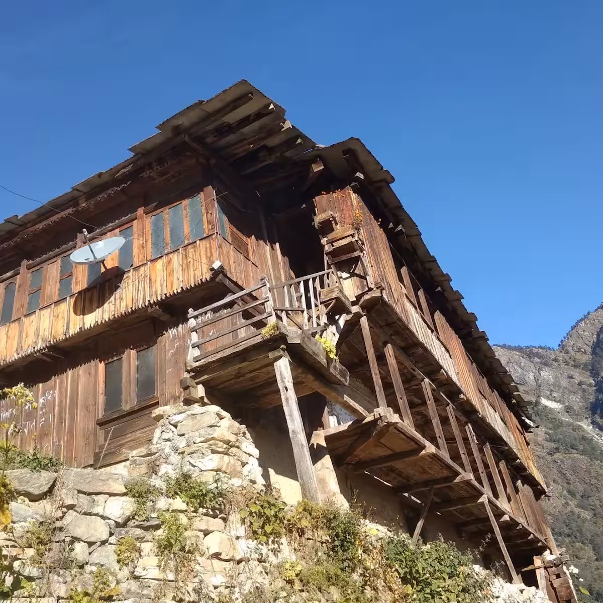 The wooden mountain house, seen from below